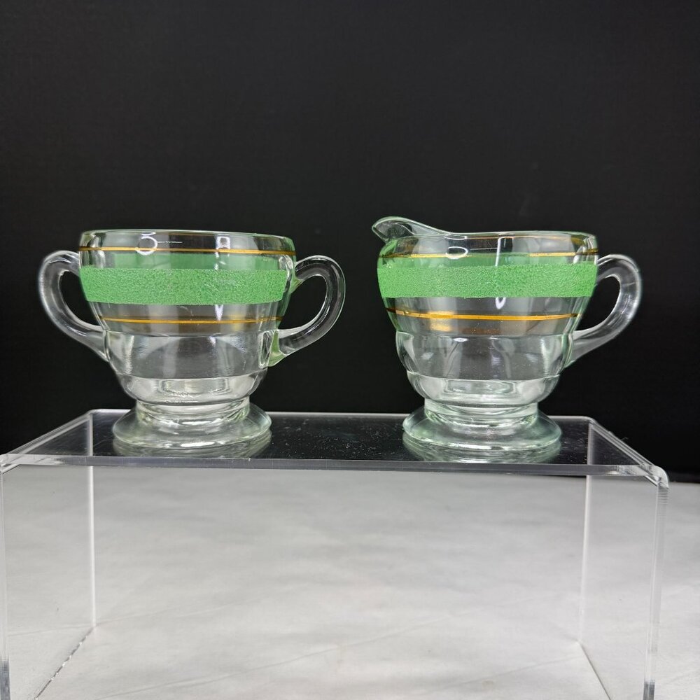 Vintage Mid Century Kent Glass Green Band Creamer Sugar Set